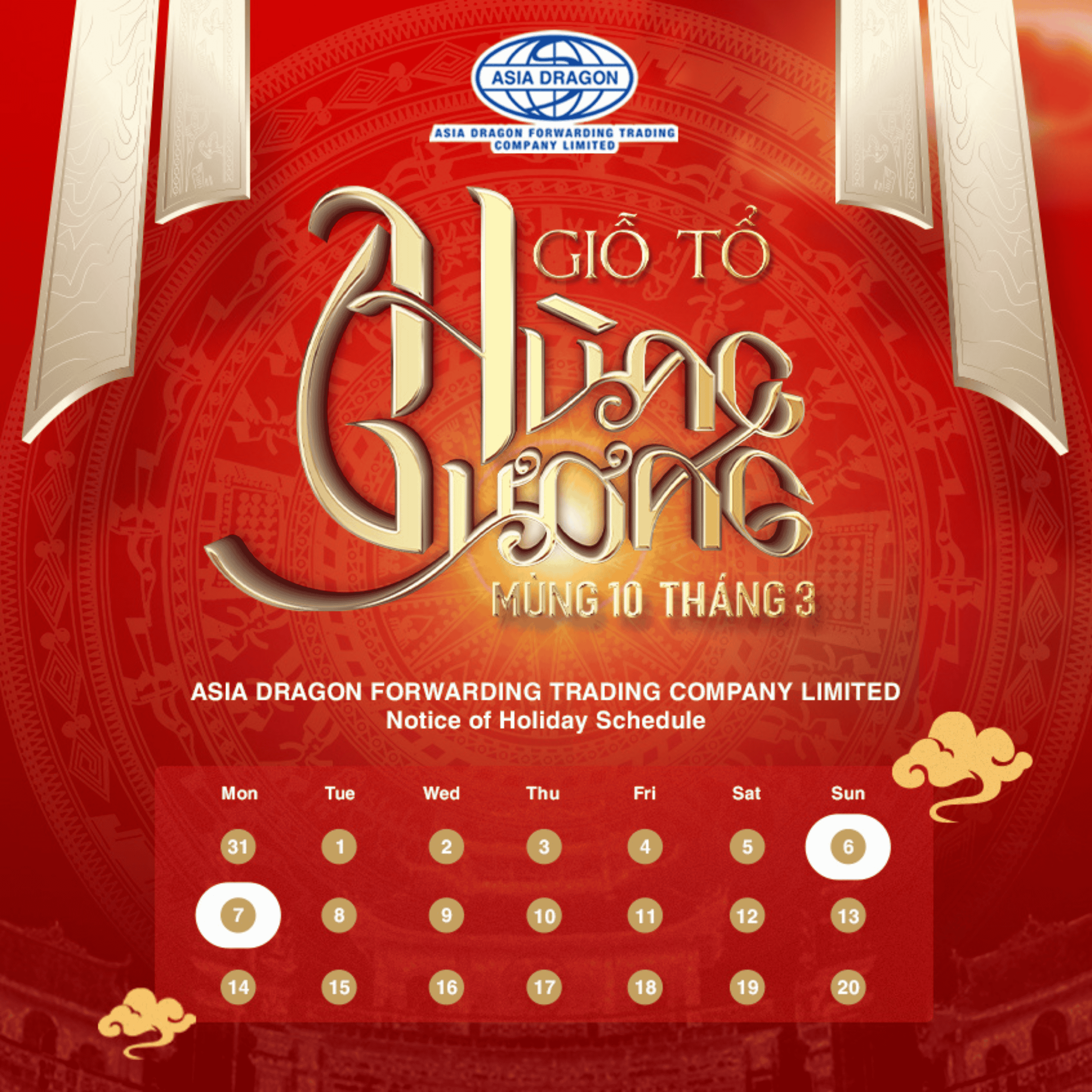 Holiday Announcement for Hùng Kings' Commemoration Day - Asia Dragon Forwarding Trading Ltd.Co