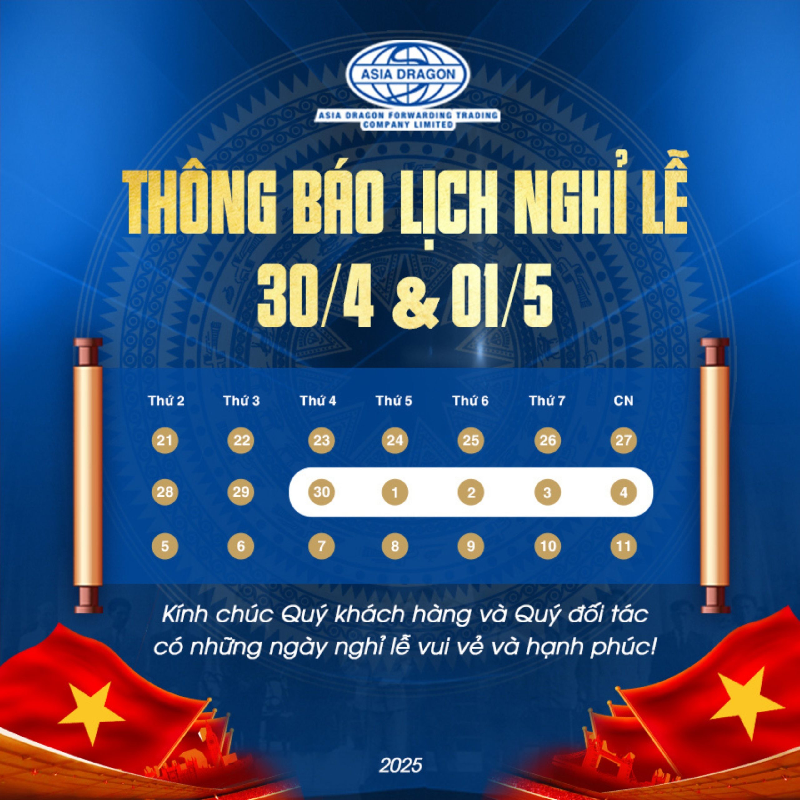 RỒNG Á ​​CHÂU THÔNG BÁO NGHỈ LỄ GIẢI PHÓNG MIỀN NAM 30/4 & QUỐC TẾ LAO ĐỘNG 01/5