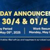 ASIA DRAGON FORWARDING TRADING CO., LTD.  HOLIDAY ANNOUNCEMENT  30/4 & 01/5